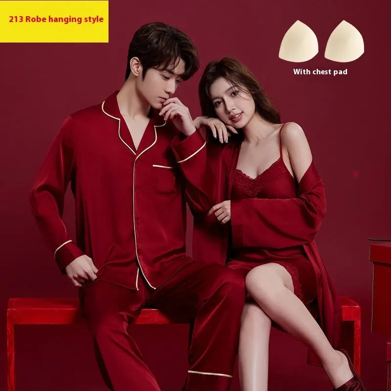 Red ice silk wedding dowry sleepwear set for men and women with long sleeves and trousers