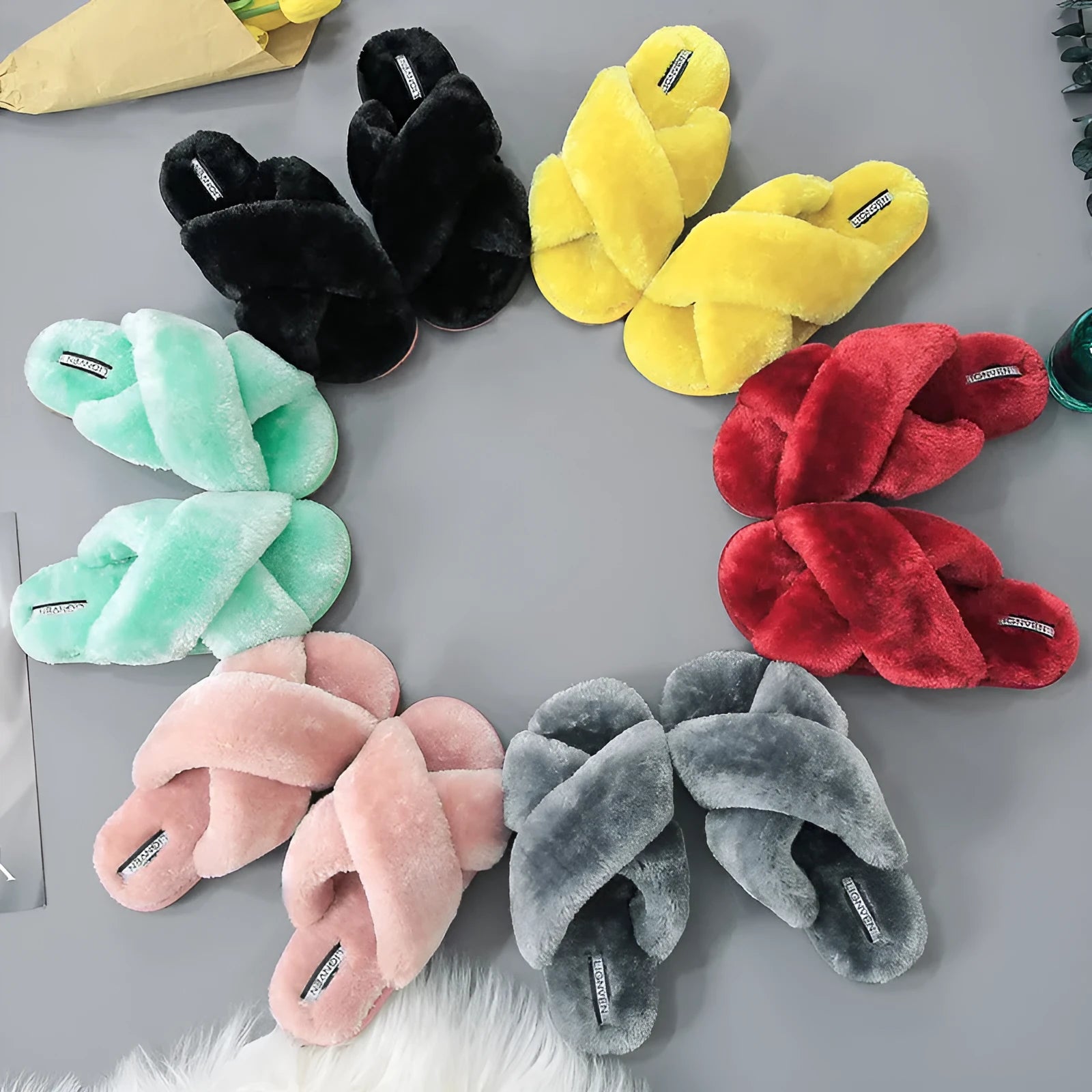 Cross open-toe fur slippers with patterned non-slip sole in multiple colour options