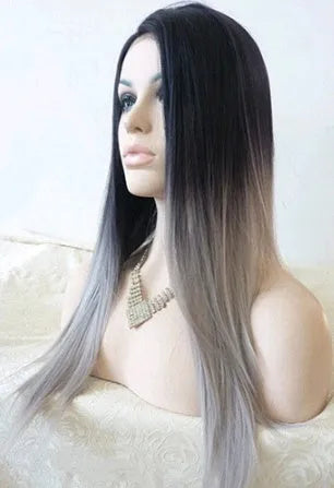 65cm long straight ombre gray wig with high temperature fibre and slanted fringe option