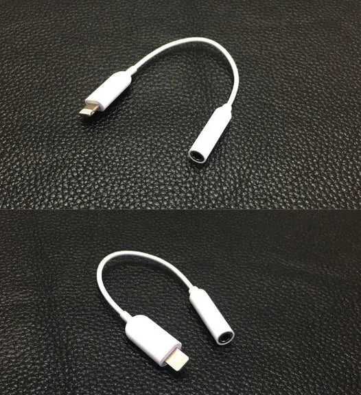 White Lightning to 3.5mm audio adapter cable for iPhone, showing both connectors on a 0.2m TPU cable.