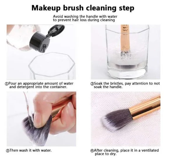 50ml makeup brush cleaning liquid in a clear bottle with a white cap, next to a makeup brush