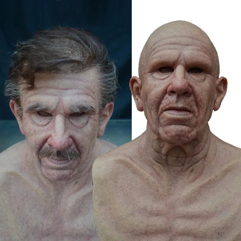 Latex old man mask with white hair and white beard for Halloween fancy dress