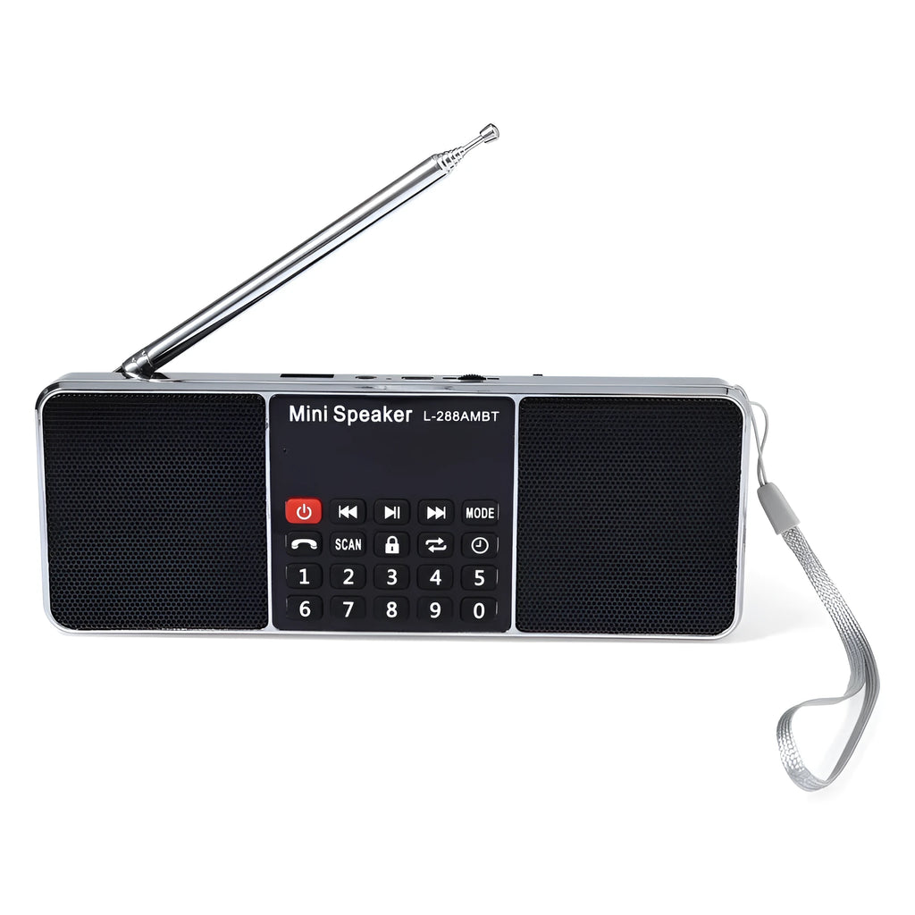 L-288AMBT black portable Bluetooth speaker with LCD display showing radio frequency.