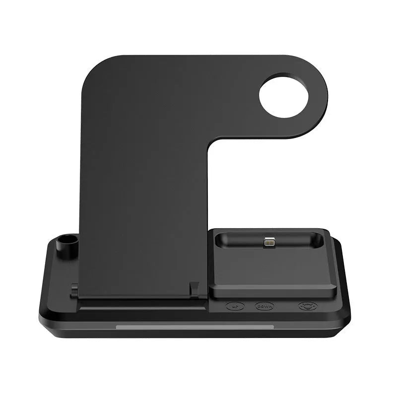 4-in-1 wireless charger stand Y1 in white holding a mobile phone, headset, watch, and Apple Pencil on a desktop