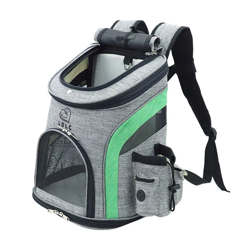 Breathable pet backpack in gray, showing mesh ventilation panels and zippered entry, for cats and dogs up to 20 kg