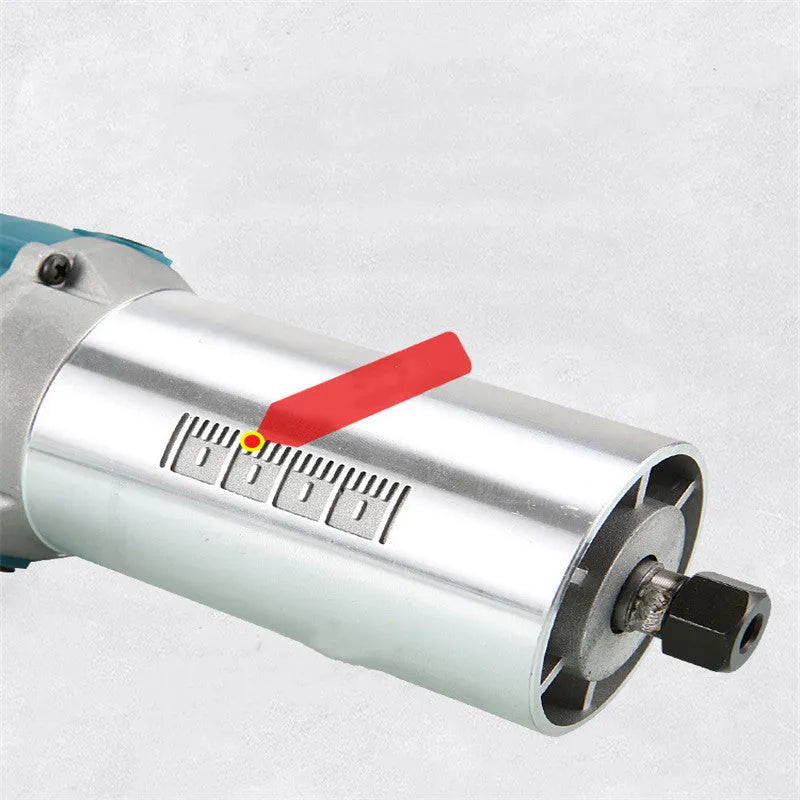 800W electric wood polishing trimmer with aluminium body on a workshop bench.