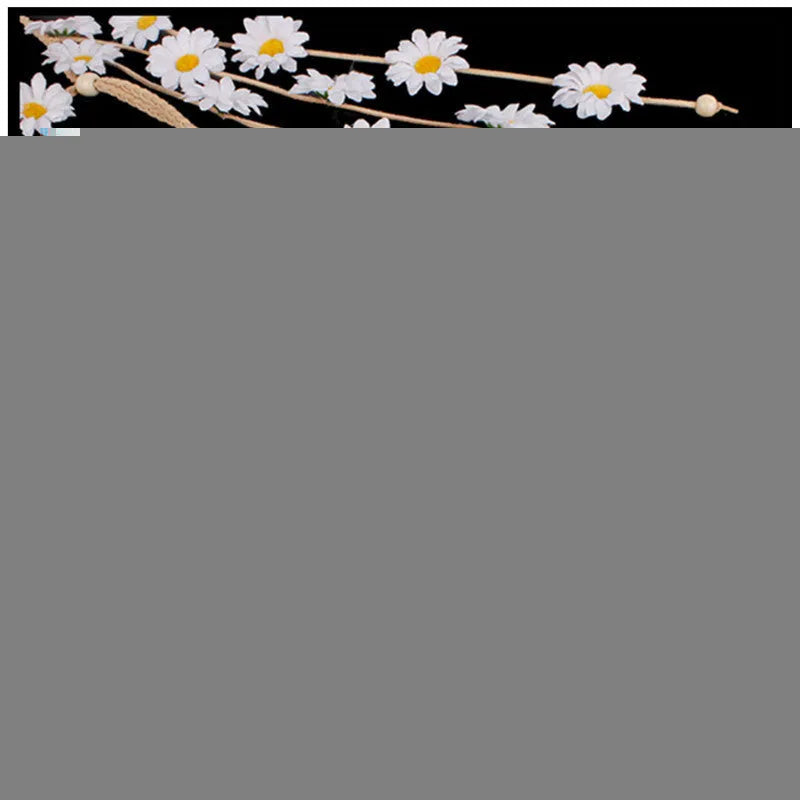 Handmade sunflower headband garland with Korean velvet, wooden beads, and plaid pattern in yellow, white, beige, or pink.