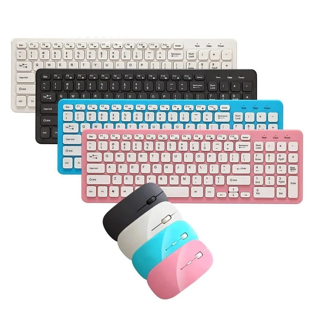 Wireless keyboard and mouse set in black, white, pink, or blue colours with USB micro receiver