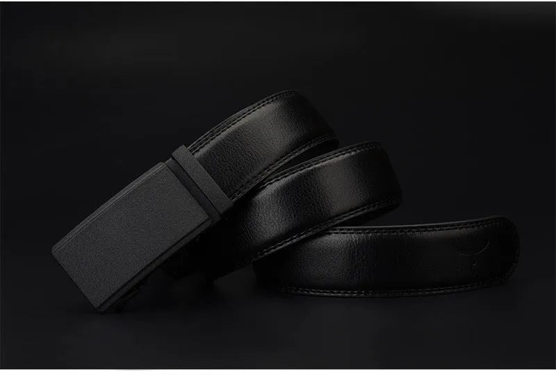 Automatic buckle two-layer cowhide belt for men, rectangular alloy buckle, black colour, standard width