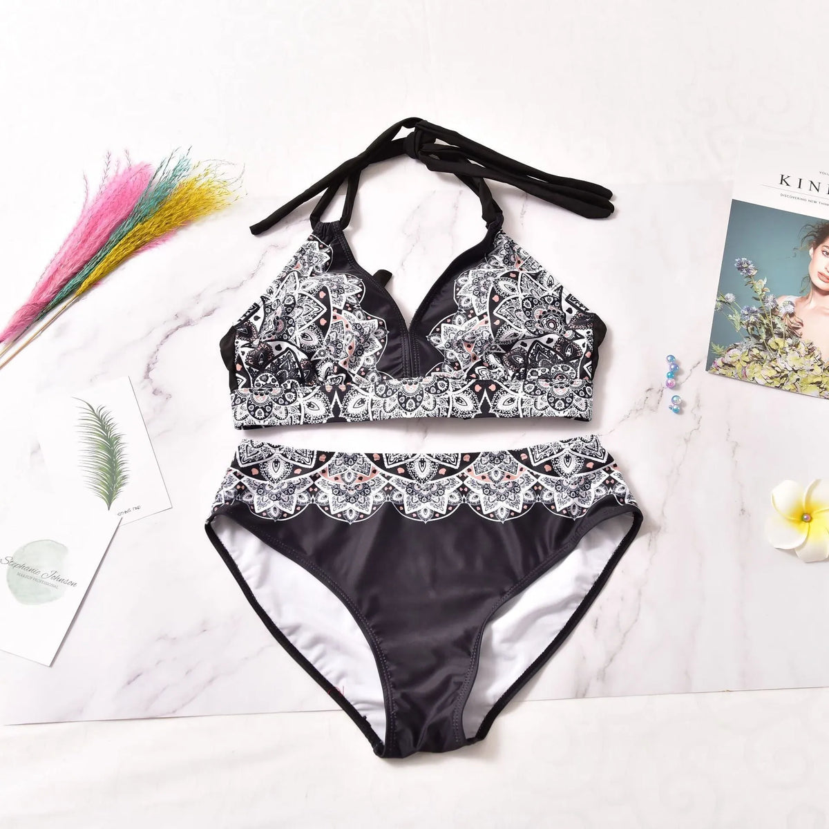 Black printed split bikini two-piece swimsuit with chest pad, nylon, sizes XL to 5XL