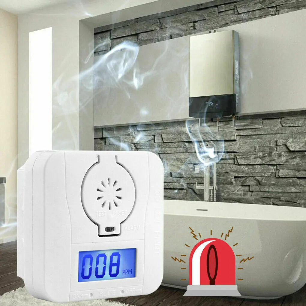 White wall-mounted carbon monoxide alarm unit for detecting CO gas from coal stoves.