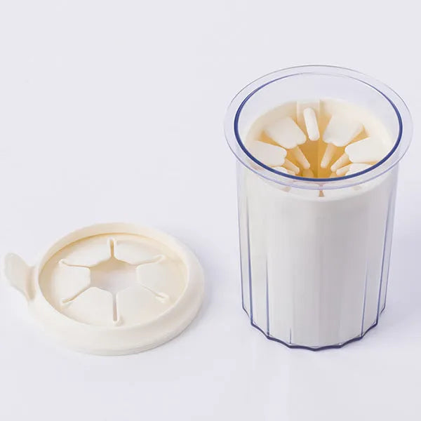 Portable pet foot washer cup in white with soft silicone bristles, 95 x 120mm, for small dog paw cleaning