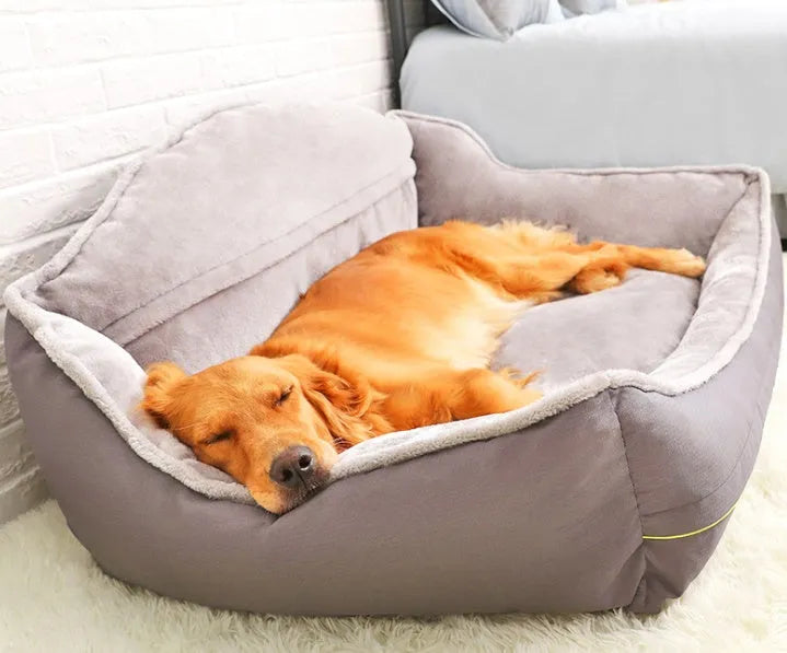 Grey dog sofa bed with raised edges and polyester cover, shown in XL size