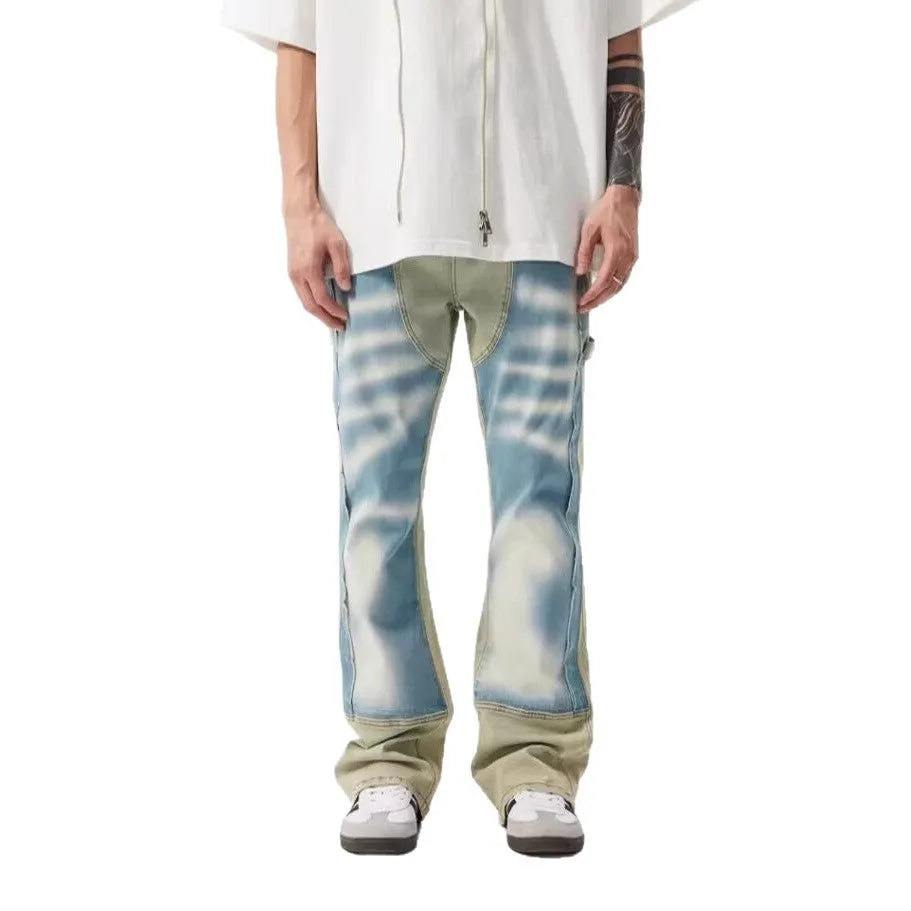 Yellow and blue retro patchwork jeans with splash-ink damaged design, mid waist with zip fly