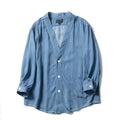 Men's dark blue casual denim coat with V-neck collar and chest pocket on a hanger.
