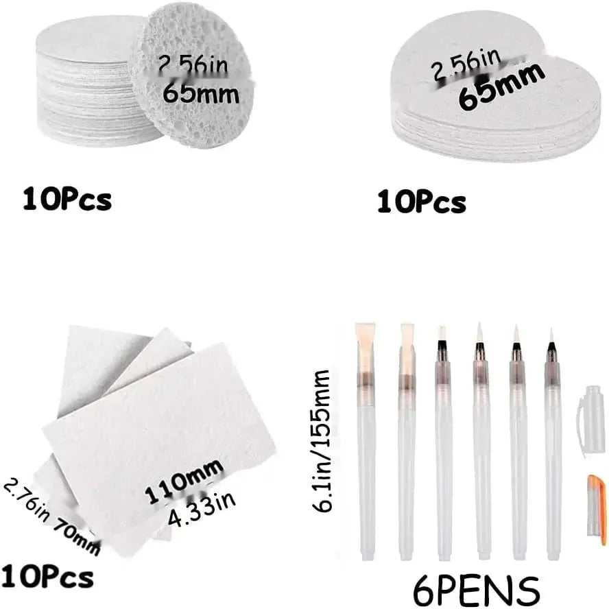Cartoon painting set with wood pulp paper, six fountain pens, and heart, round, square sponges