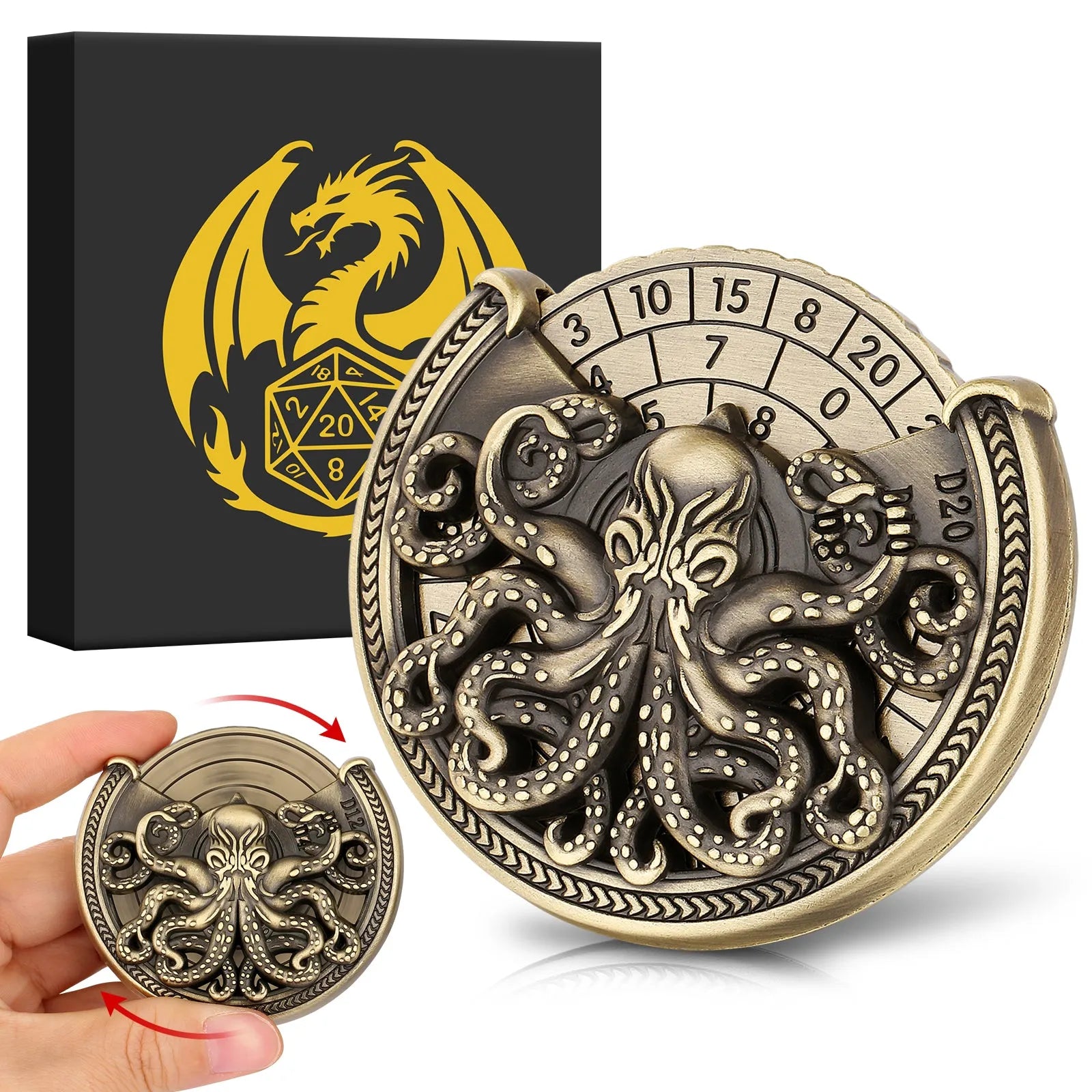 Vintage metal octopus dice turntable in bronze finish on tabletop, compact dice rolling accessory