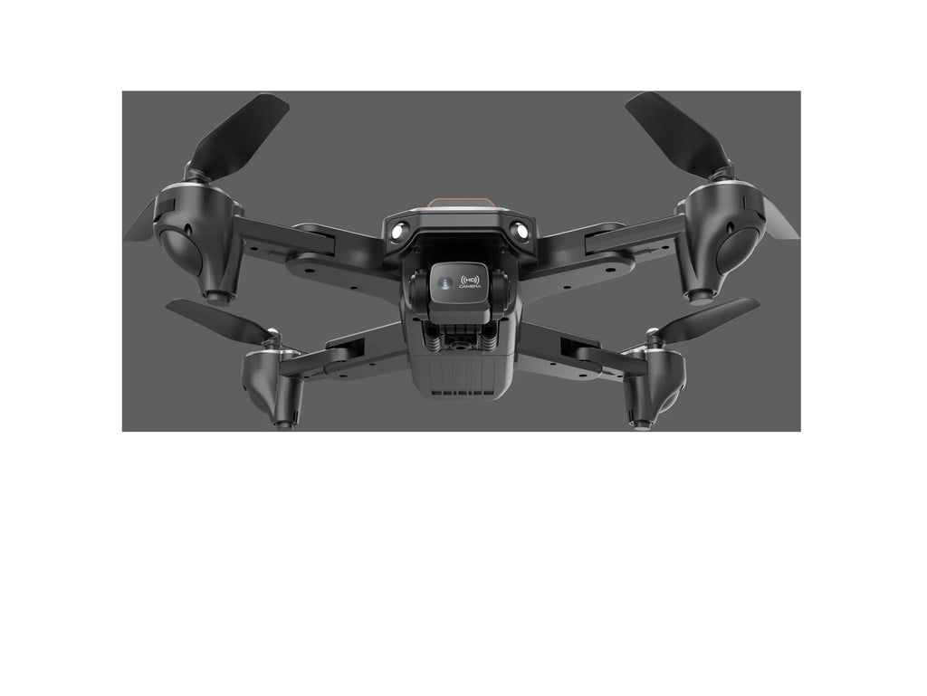 Black quadcopter drone with 8K electric modulation lens and transparent propeller guards against white background