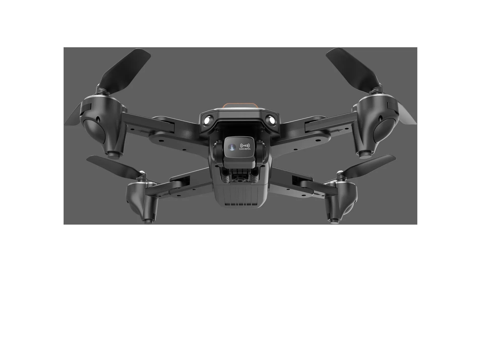 Black quadcopter drone with 8K electric modulation lens and transparent propeller guards against white background