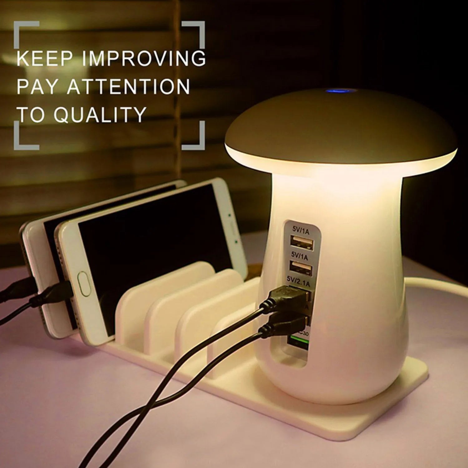 Mushroom-shaped white LED desk lamp with 5 USB charging ports for tablets and smartphones