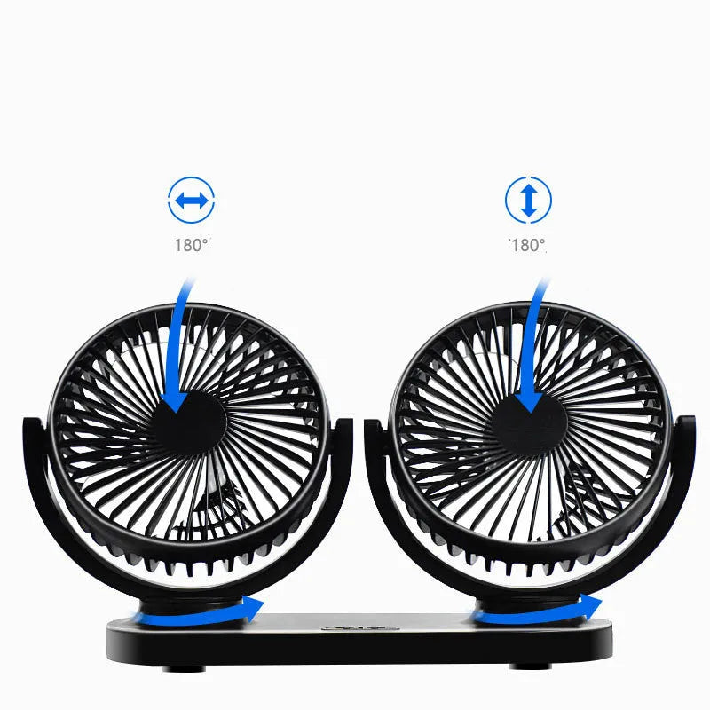 Black dual-head USB car fan with switches, 1.4m cable, ABS housing, 124x12x75mm