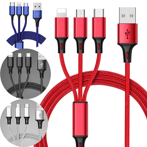Braided 3-in-1 universal charging cable with red blue silver black colour options and 1.25 metre length