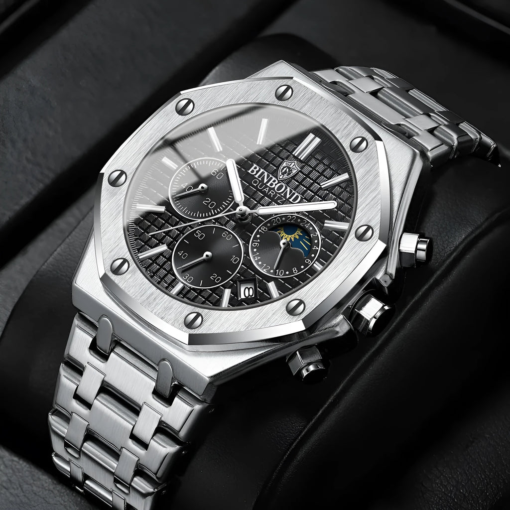 Men's multi-function sports watch with 42mm round metal dial, quartz movement, and butterfly buckle strap
