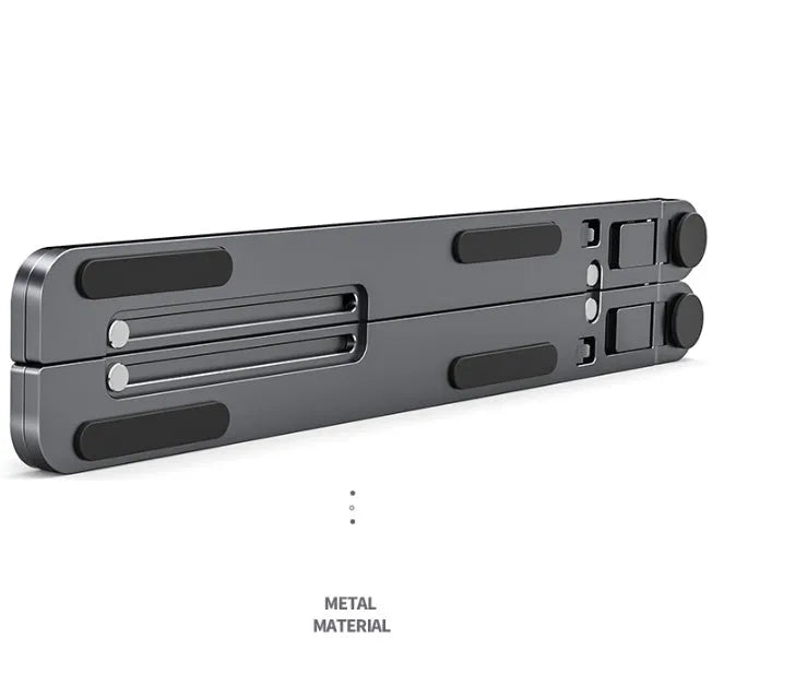 Deep grey foldable aluminium laptop stand holding a silver laptop at an angle.