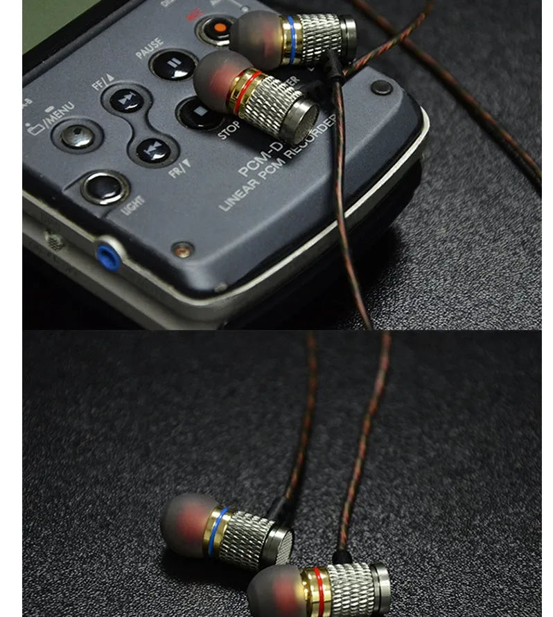 Black wired in-ear headphones with metal subwoofer drivers and L-bend 3.5mm plug