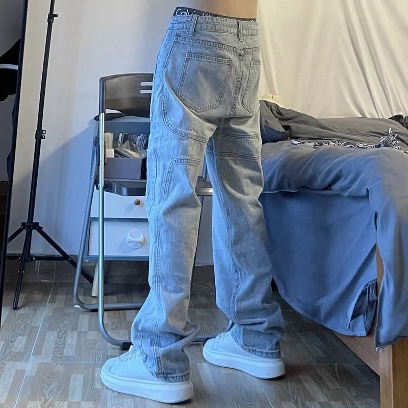 Straight leg retro wash jeans in blue, loose fit cotton denim, sizes S to 3XL