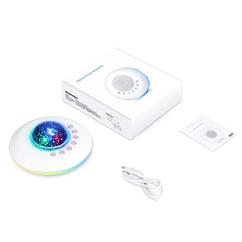 White baby night light with 20 soothing sounds, timer, and ambient light, 150 mm diameter