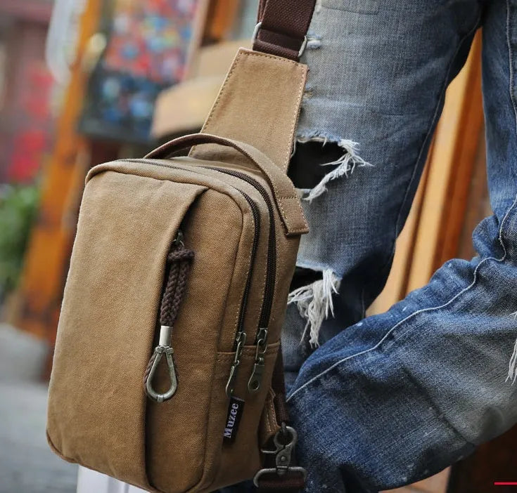 Canvas cross body bag, 16x10x25cm, with 110cm strap, shown in Blue, Grey and Light Brown