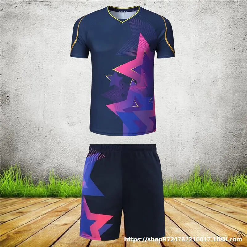 Badminton sportswear set with polyester short-sleeved top and matching trousers in multiple colour options