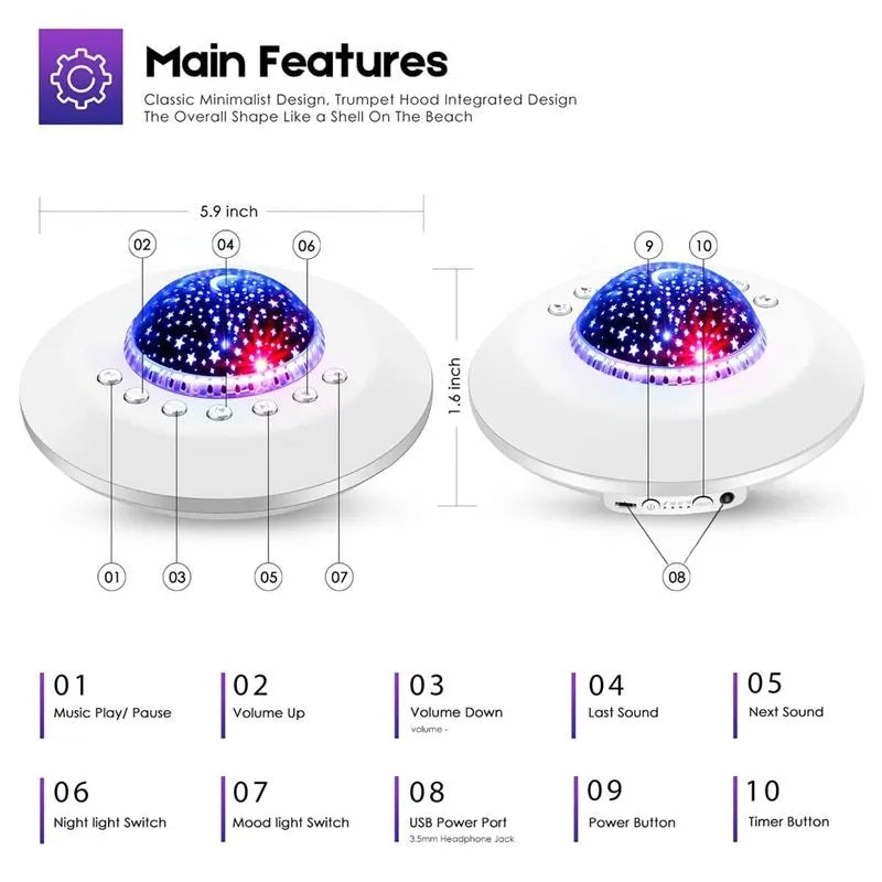 White baby night light with 20 soothing sounds, timer, and ambient light, 150 mm diameter