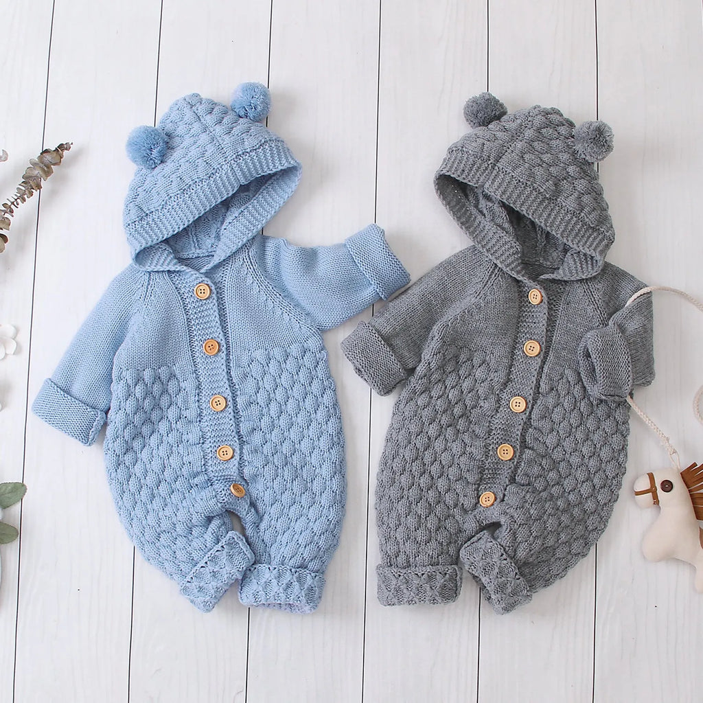 Hooded knitted jumpsuit unisex long sleeve casual 100% acrylic knit blue front view