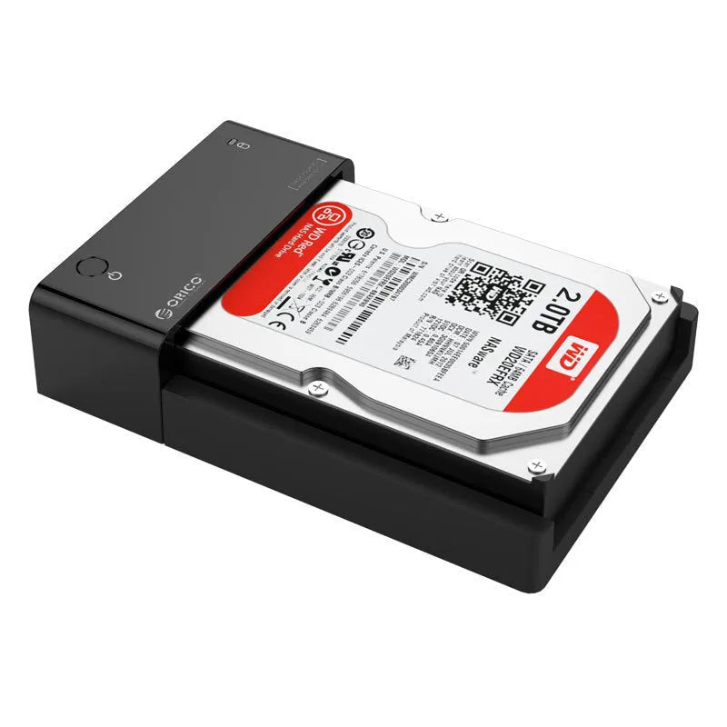 Black universal hard drive enclosure for 2.5-inch and 3.5-inch SATA drives with USB cable