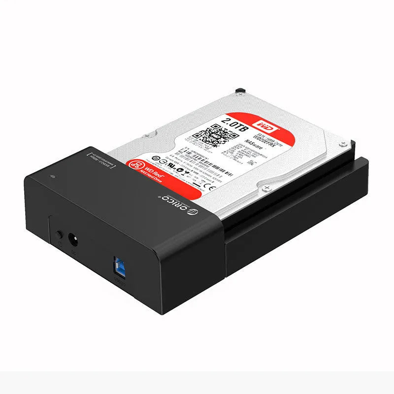 Black universal hard drive enclosure for 2.5-inch and 3.5-inch SATA drives with USB cable