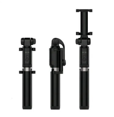 Black Bluetooth selfie stick with tripod bracket extended, holding smartphone