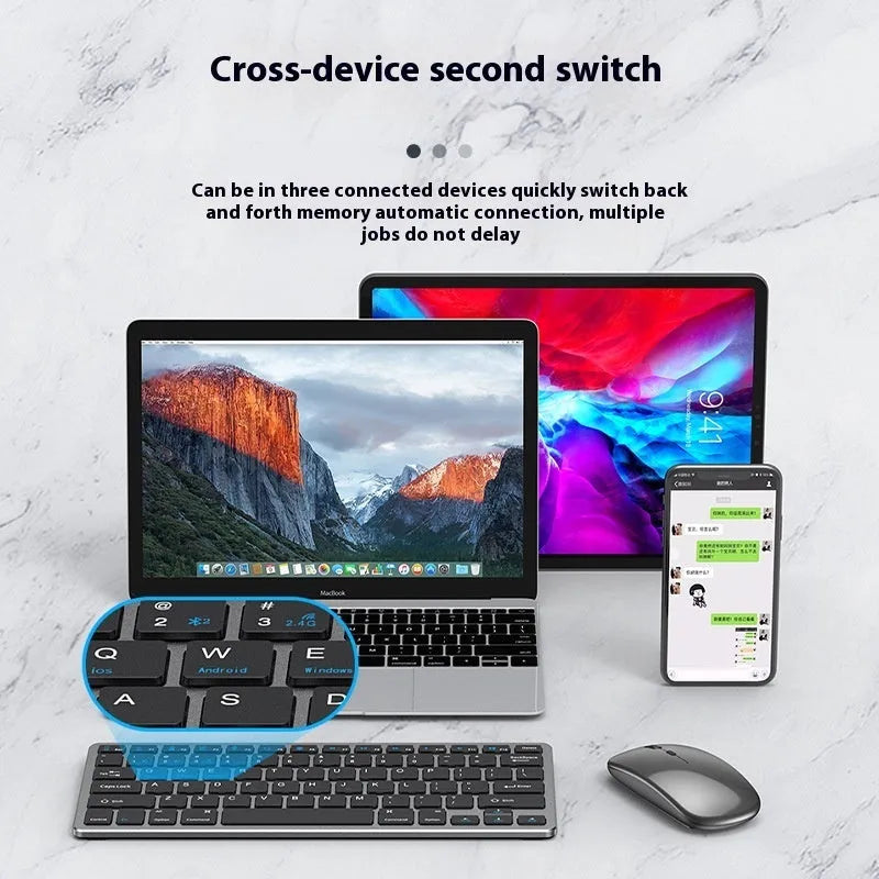 Ultra-thin wireless keyboard and mouse combo in black, gun colour, or silver with USB receiver and protective cover.