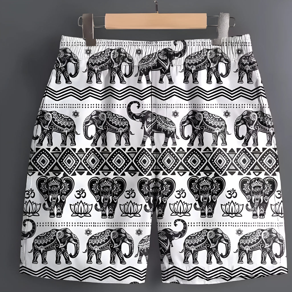 Men's polyester casual shorts in camouflage pattern on a size chart background.