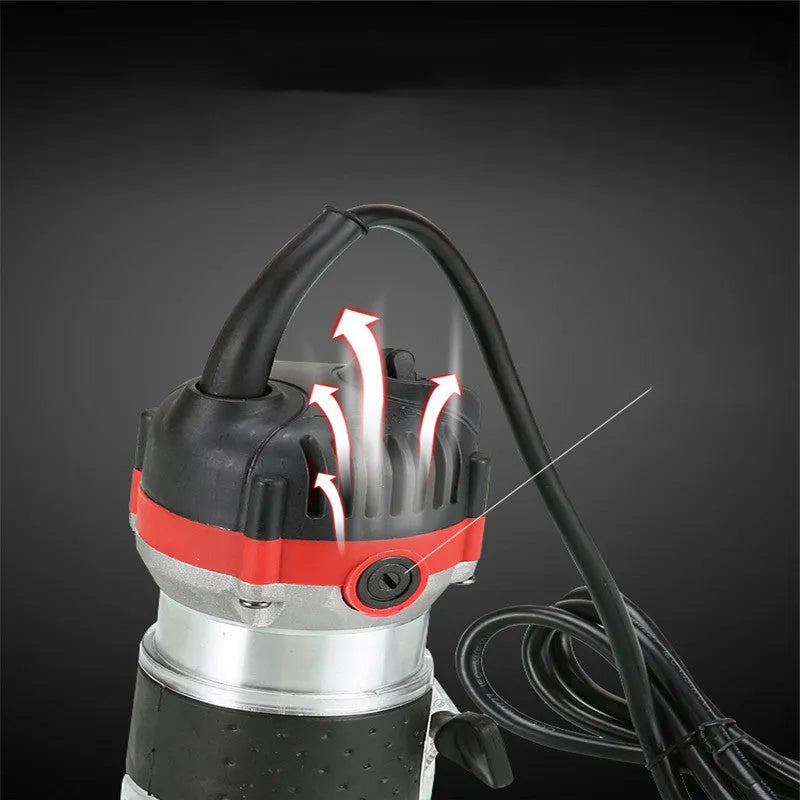 800W electric wood polishing trimmer with aluminium body on a workshop bench.
