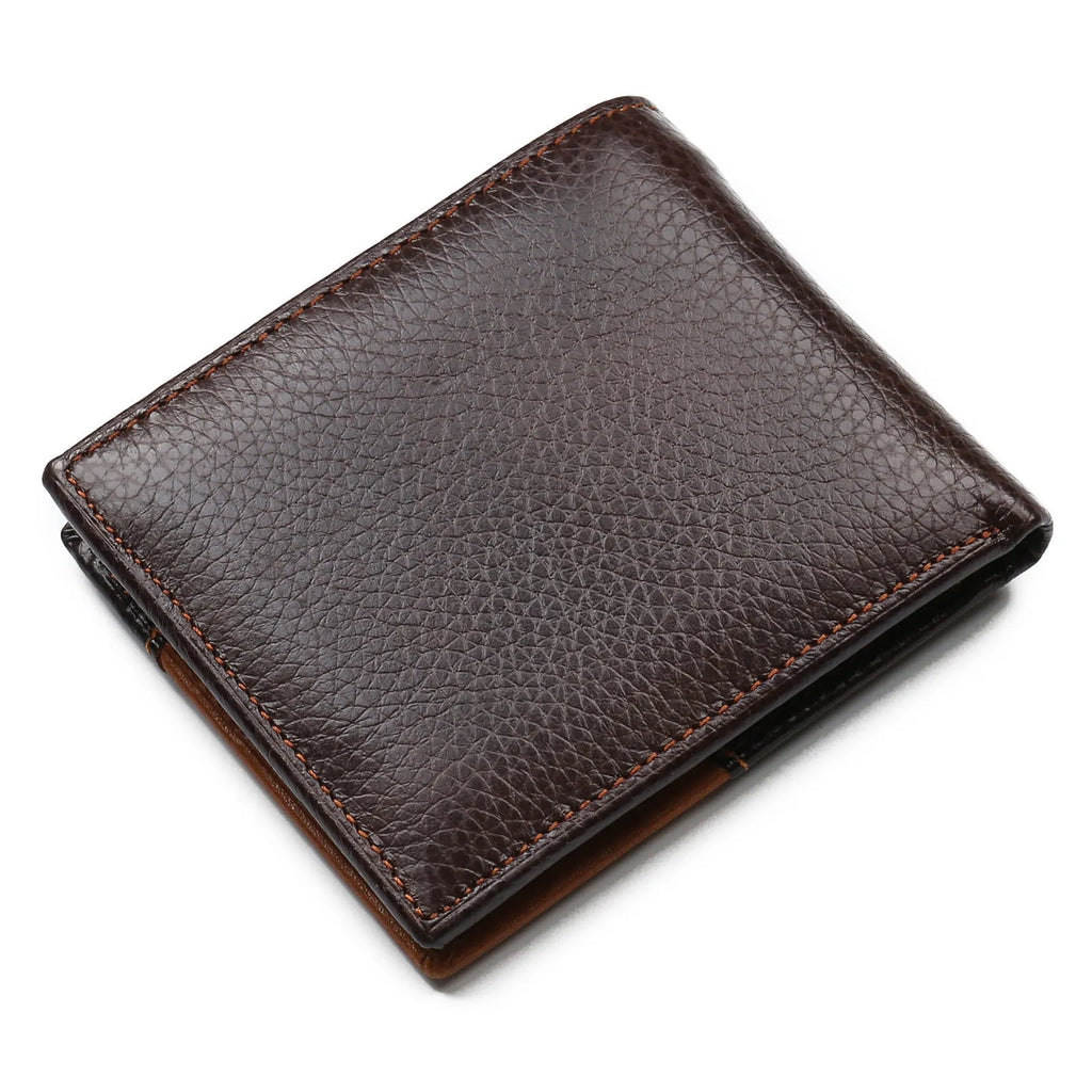 Men's soft cowhide leather square wallet open to show card slots, photo slot, bill holder, and zipper compartment.