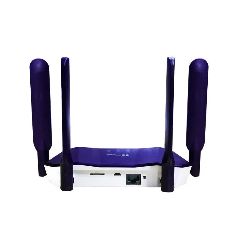 Blue 4G dual-mode wireless router with four extended antennas showing front panel with indicator lights