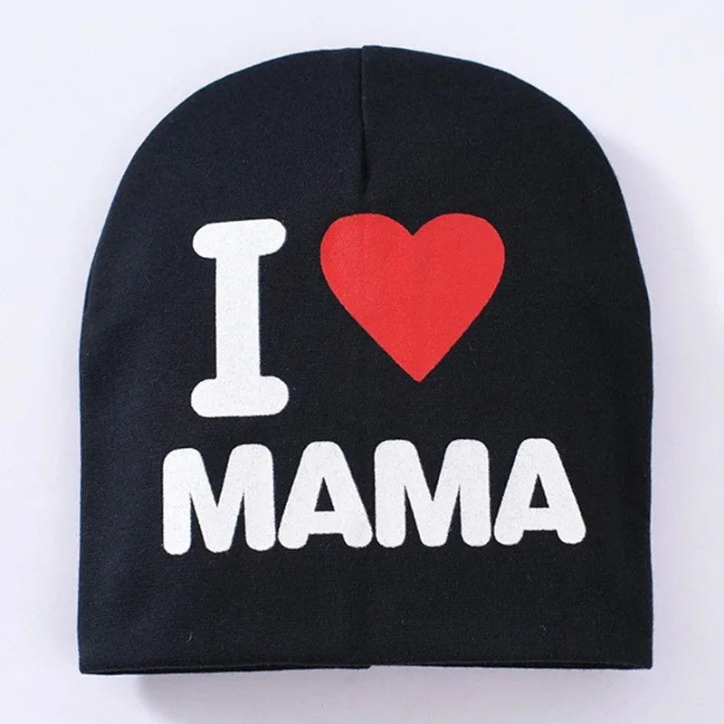 Baby winter hat in grey with 'Love Mama' embroidery, laid flat showing its 20cm height.