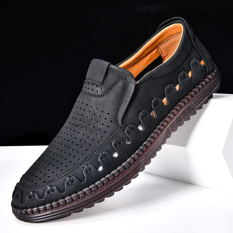 Men's brown slip-on casual shoes with round toe and low-top design for outdoor wear