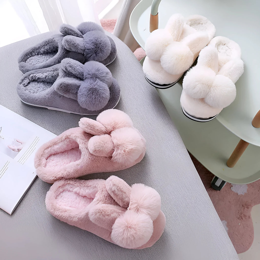 Women's bunny fluffy slippers with rabbit fur upper and floral pattern in winter colours