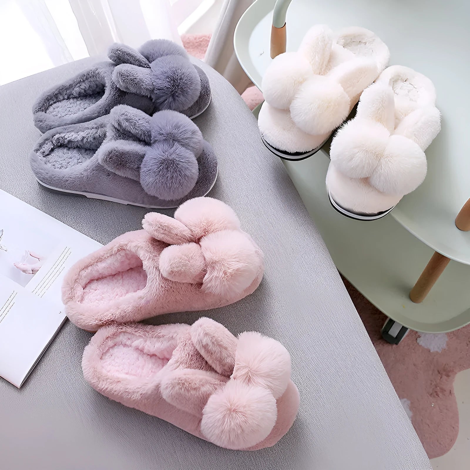 Women's bunny fluffy slippers with rabbit fur upper and floral pattern in winter colours