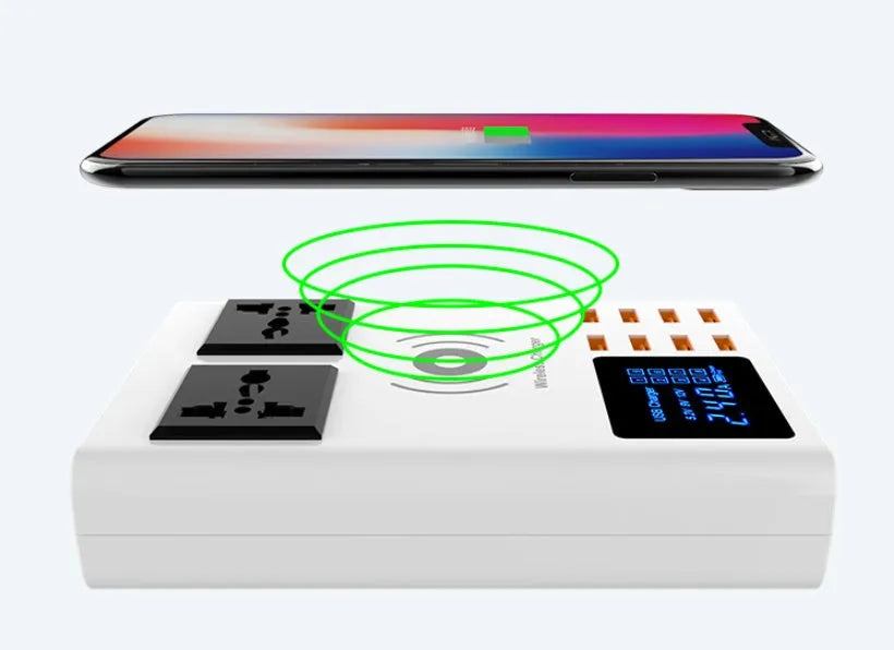 White USB wireless charger for mobile phones with multi-interface wired charging ports