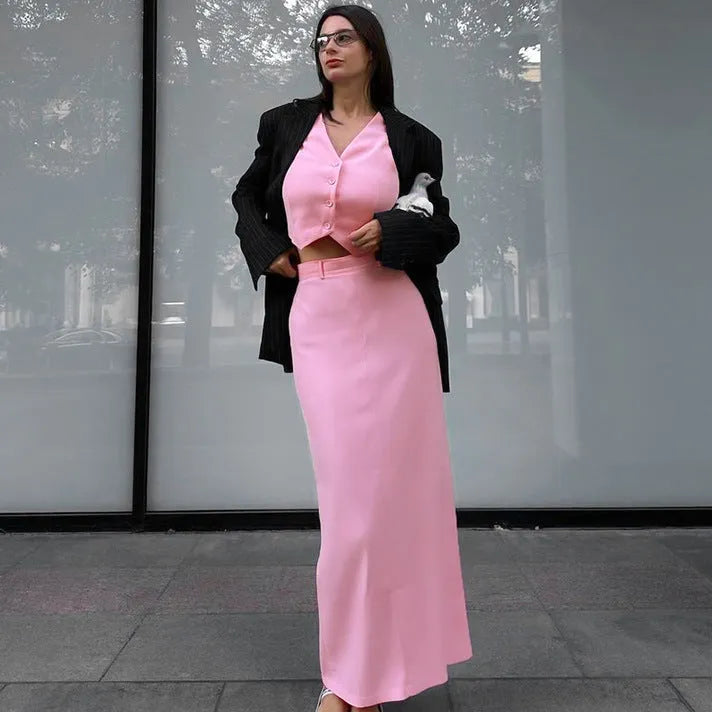 Pink sleeveless vest and long split skirt suit for women, polyester two-piece set in sizes S, M and L
