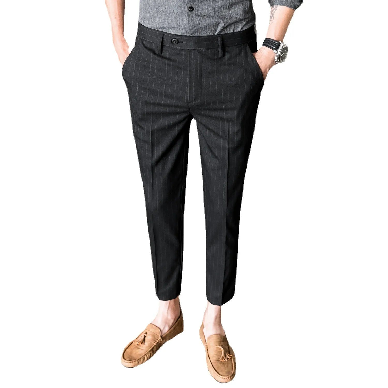 Slim-fit Korean-style youth business suit pants in light gray, straight-leg polyester blend with micro-elastic fabric